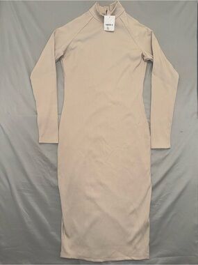 NWT Forever 21 Beige Ribbed Knit Keyhole Mock Neck Long Sleeve Midi Dress sz XL